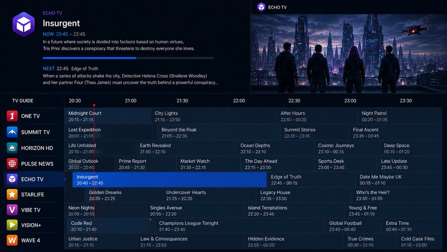 WeeTV+ full program guide with channel list and time grid