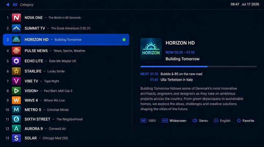WeeTV+ Live TV screen with channel list and program guide
