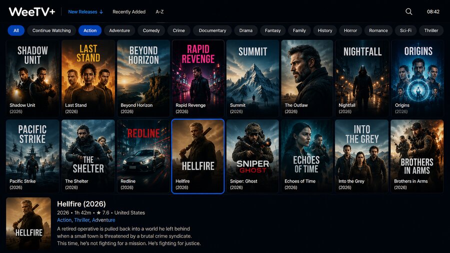 WeeTV+ Movies screen with genre filters and a poster grid